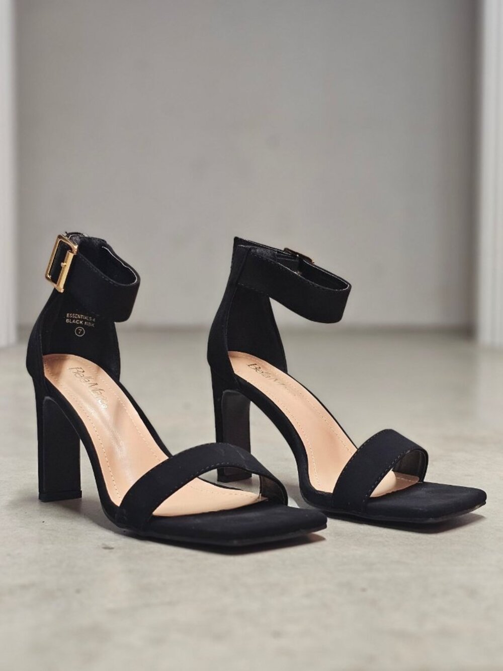 Womens Black Block Heel Sandals With Ankle Strap & Gold Buckle Perfect For Casua